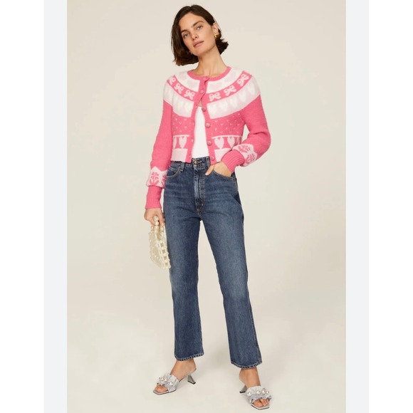 LoveShackFancy Sweaters - LoveShackFancy Dimples Pink Heart Bow Cropped Cardigan Sweater Size M Coquette